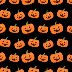 Happy halloween seamless pattern.Grinning orange pumpkin repeat pattern isolated on black background.Jack O'Lantern, creepy squash, autumn, vector graphic illustration wallpaper.