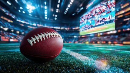 A football on a field with a large screen in the background. The sport concept of American football is highlighted. The image emphasizes the excitement and energy of the game.