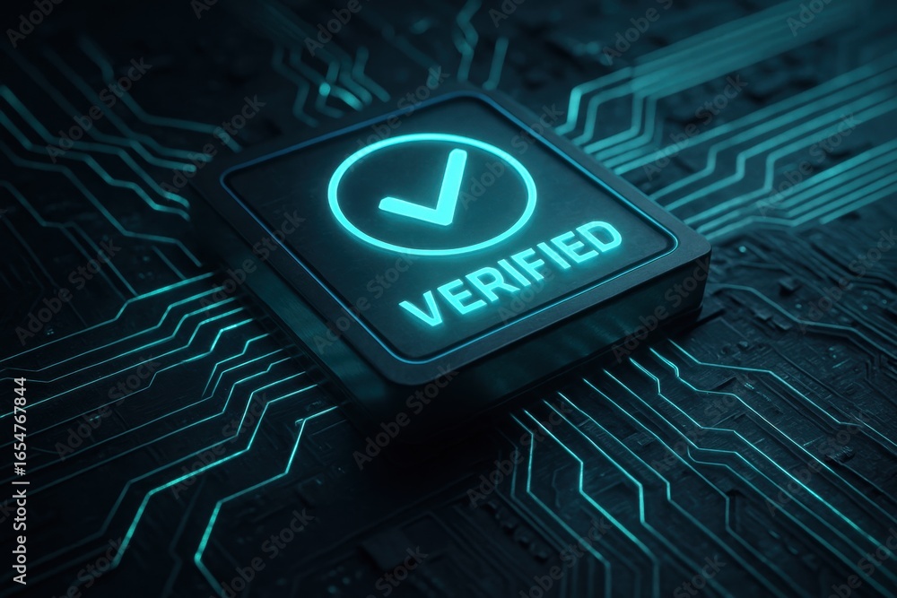 Poster digital verification: a close-up shot of a glowing, illuminated verified symbol embedded within a co
