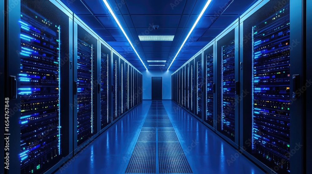 Poster large modern data center corridor with rows of glowing server racks and advanced it infrastructure, 