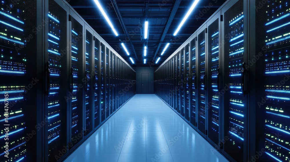 Aufkleber modern data center interior with rows of illuminated server racks and glowing led lights, ideal for 