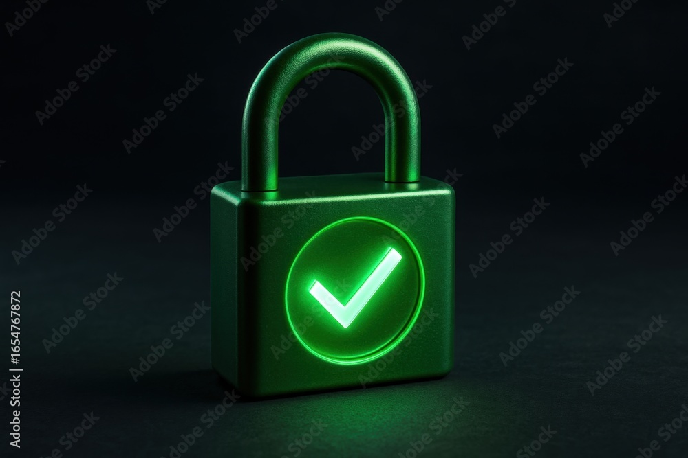 Aufkleber digital fortress: a gleaming green padlock glows with an illuminated checkmark, symbolizing secure, 