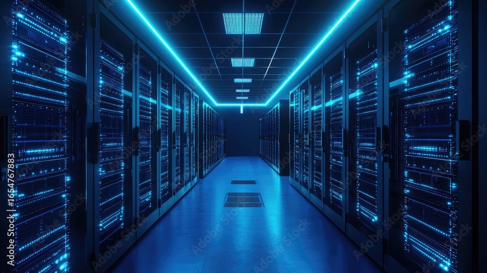 Poster futuristic data center corridor with glowing blue server racks and advanced it infrastructure, suita