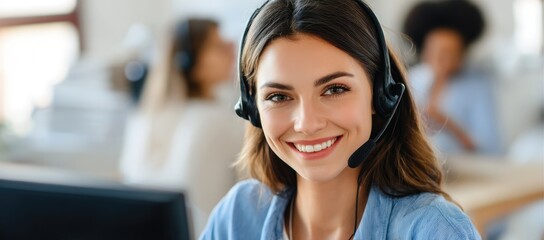 Smiling female call center agent with headset working in modern office environment, ideal for customer service websites, helpdesk materials, business presentations, and corporate marketing
