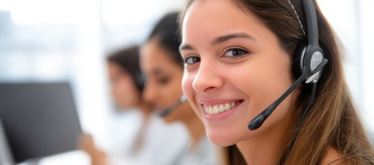 Smiling female call center representative with headset in office, working alongside team members, perfect for customer service ads, corporate websites, support solutions, and workplace presentations