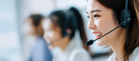 Smiling call center support agent with headset providing professional customer service in modern office environment, ideal for business websites, service ads, and corporate materials