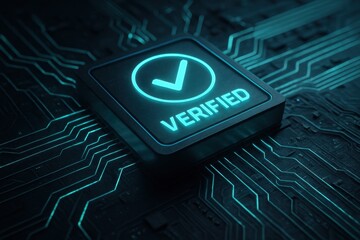 Digital Verification: A close-up shot of a glowing, illuminated VERIFIED symbol embedded within a complex circuit board, highlighting digital authenticity and secure systems.