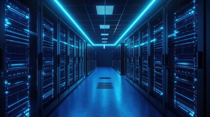 Futuristic data center corridor with glowing blue server racks and advanced IT infrastructure, suitable for cloud computing, cybersecurity, digital storage, and enterprise technology