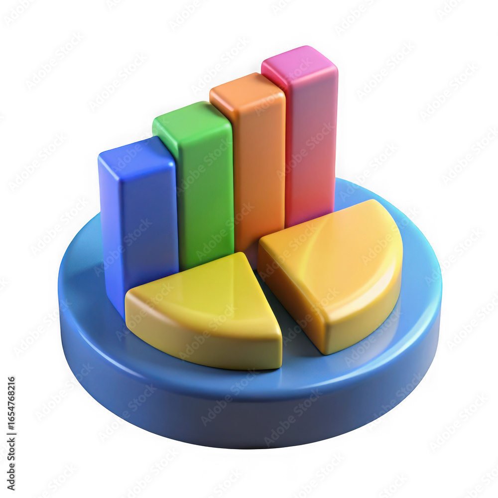 Poster 3d cartoon bar chart and pie chart combination on transparent background graph data isolated on a tr