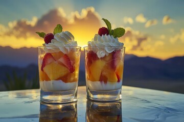 Sunset dessert display of layered fruit and whipped cream.