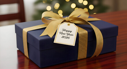 A beautifully wrapped dark blue gift box with a gold ribbon and a tag that reads Happy New Year 2023 in front of a blurred Christmas tree