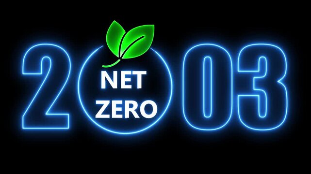 Animated 2003 net zero message in neon glowing sign against a black background