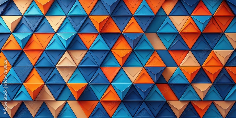 Poster abstract triangular geometric pattern a vibrant wall of interlocking shapes in hues of blue, orange,