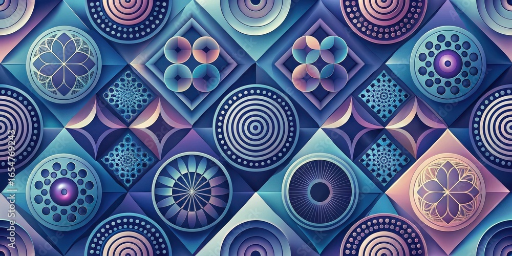 Aufkleber intricate geometric pattern featuring a symphony of circular and square shapes in a deep blue and la