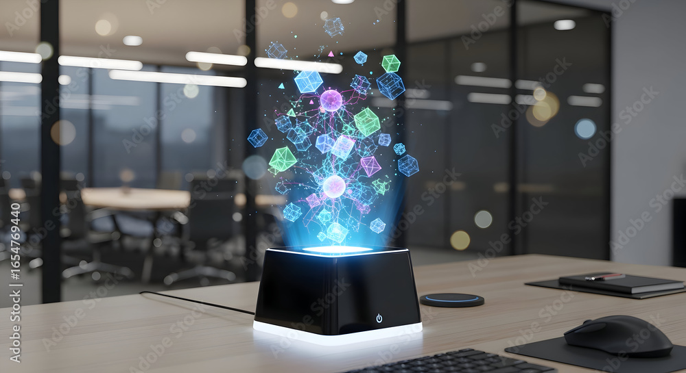 Aufkleber futuristic holographic display device projecting digital art and data in modern office environment