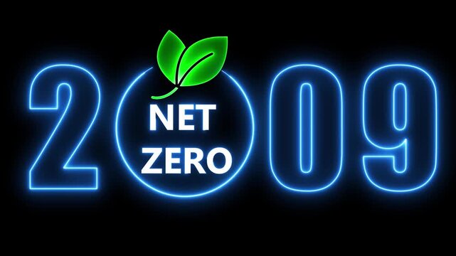 Net zero 2009 neon sign glowing against a dark black background