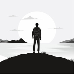 Obraz premium Silhouette of a Person Standing Alone on a Hill Overlooking the Ocean with a Feeling of Loneliness