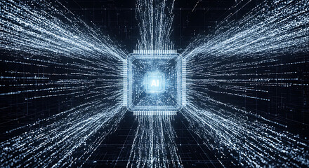 Visual representation of a central processing unit with data streams flowing in and out.