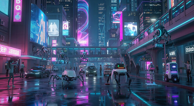 A vibrant, futuristic city street at night, illuminated by neon lights, with advanced vehicles, robots, and towering skyscrapers.