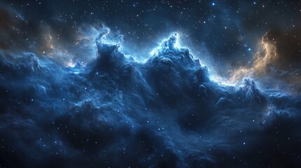 Obraz premium A cosmic nebula with glowing blue clouds and starry background resembling a mountain range in deep space.