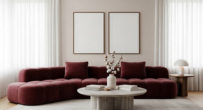 Modern living room with plush sofa and two framed artworks