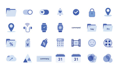 Minimalist Blue Icon Set – UI Elements, Smartwatch, Calendar, Location, Folder, and Media Symbols