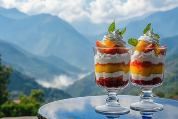 Layers of dessert with fresh fruit and whipped cream against a mountain backdrop.