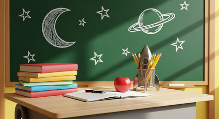 Educational setting with chalkboard doodles and school supplies evoking
