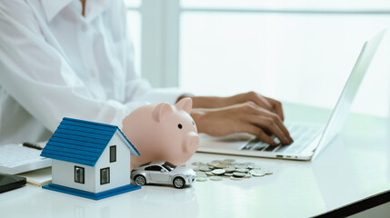 A financial concept image representing savings, real estate, insurance, mortgage, and investment,...