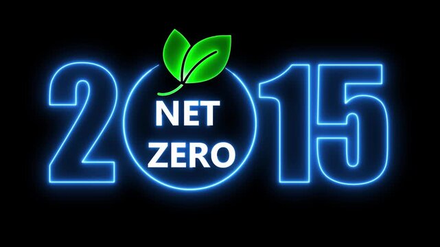 Neon style net zero goal year 2015 with eco friendly leaf on black background