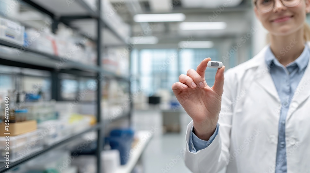 Aufkleber medium shot of a technician in a medical lab presenting digital pill sensor usage focusing on the se