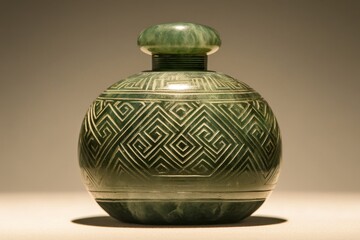 Ornate green jade-like vessel with intricate carvings.