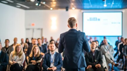 Corporate Speaker Addressing Audience at Conference on Innovation and Leadership Strategies