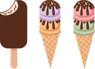 Vector illustration of bitten chocolate ice cream bar on stick, isolated design for summer dessert, and food packaging