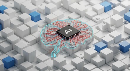 Artificial Intelligence Brain Concept with Microchip and Data Cubes