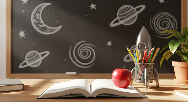 Cosmic classroom still life with astronomy chalkboard drawings and school