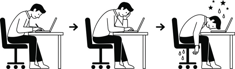 Black and white illustration of a programmer working on a laptop at a desk with a blank background for text