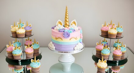 Unicorn-themed cake with pastel ombre frosting, gold fondant horn, and candy clouds, displayed on a mirrored dessert table with matching cupcakes.