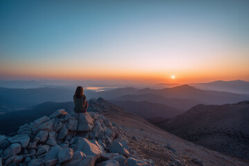 Fototapeta premium Female hiker enjoying the view of the sunset on a mountain