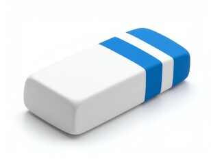 A clean eraser with blue stripes for writing.