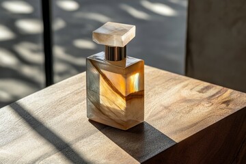 Ornate perfume bottle on a wooden surface.