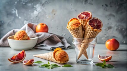 Delightful citrus sorbet nestled in crispy waffle cones, complemented by vibrant orange slices, creates a refreshing summery scene.