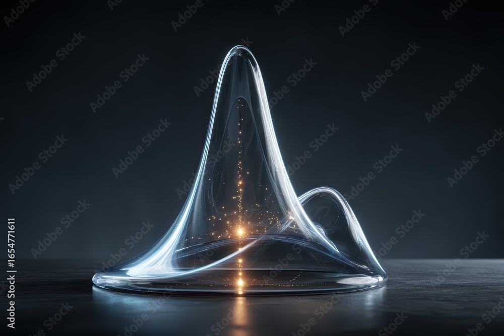 Poster glass form light display; science, abstract shape on dark backdrop, science visuals