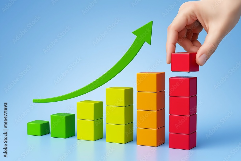 Poster hand adding a block to a rising bar graph representing financial growth and success