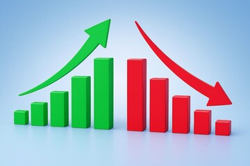Green upward trending bar graph with red downward trending bar graph and arrows symbolizing financial growth and decline