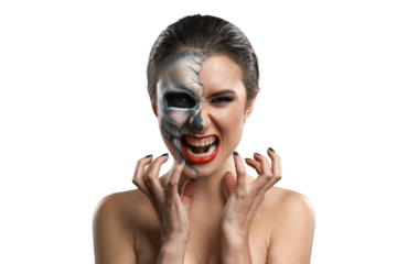 Woman with Split Face Makeup Expressing Intense Emotion