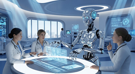 Futuristic medical lab with doctors collaborating with an advanced humanoid robot and holographic interfaces.