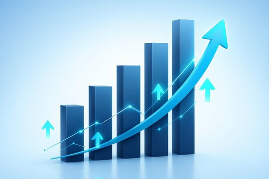 Blue 3d bar graph showing upward trend with arrow and growing data