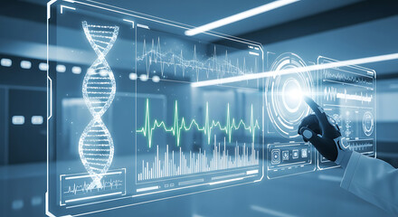 Futuristic medical interface displaying DNA structure and vital signs, with a hand interacting.