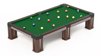 Pool table and balls isolated on white background. 3D illustration